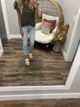 NAVY AND YELLOW FLORAL BUTTER SOFT RUFFLE TOP