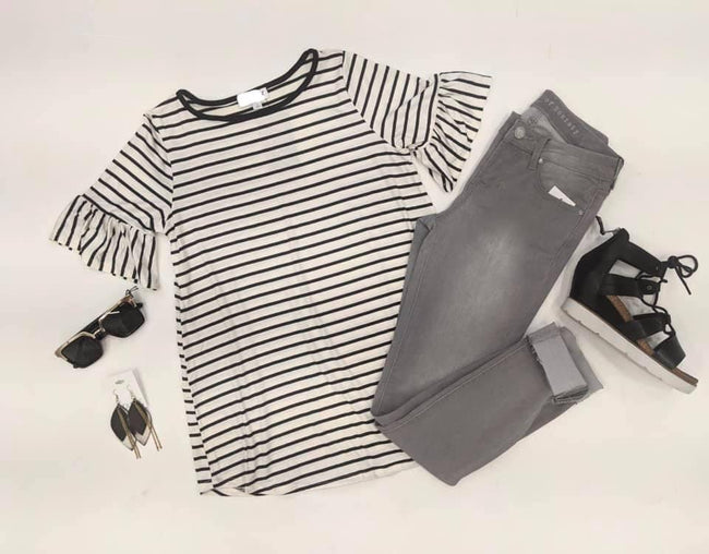 WHITE AND BLACK STRIPE BELL SLEEVE TOP
