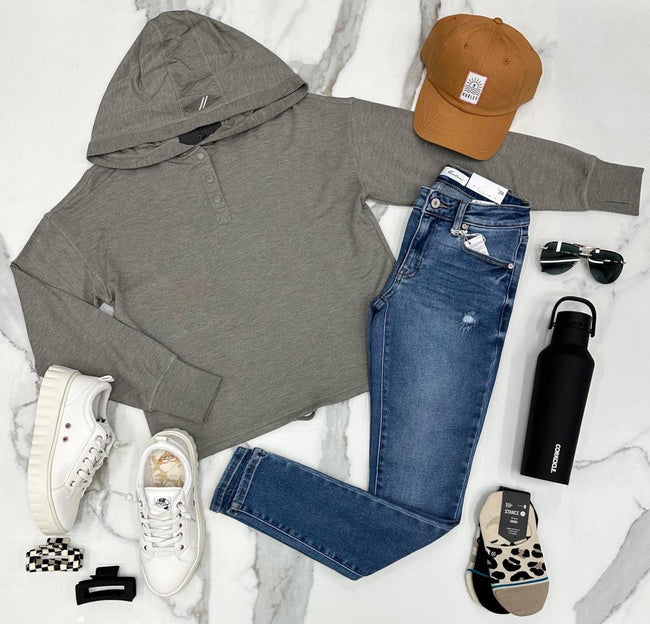 DAKOTA SNAP GREY OLIVE HOODED TOP