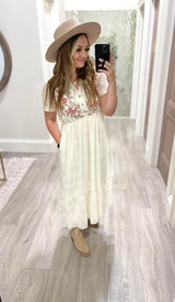 CREAM EMBROIDERED FLORAL DETAIL DRESS