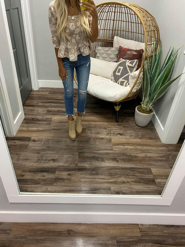 CREAM AND MOCHA SMOCKED PEPLUM FLORAL TOP