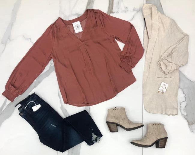 MARSALA SATIN V NECK BLOUSE