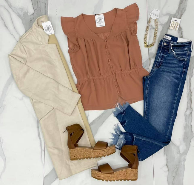 ROSE TEXTURE BUTTON DETAIL BLOUSE