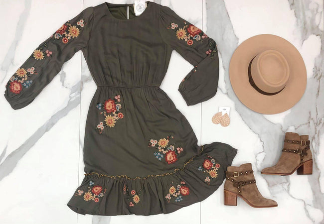 OLIVE EMBROIDERED DRESS