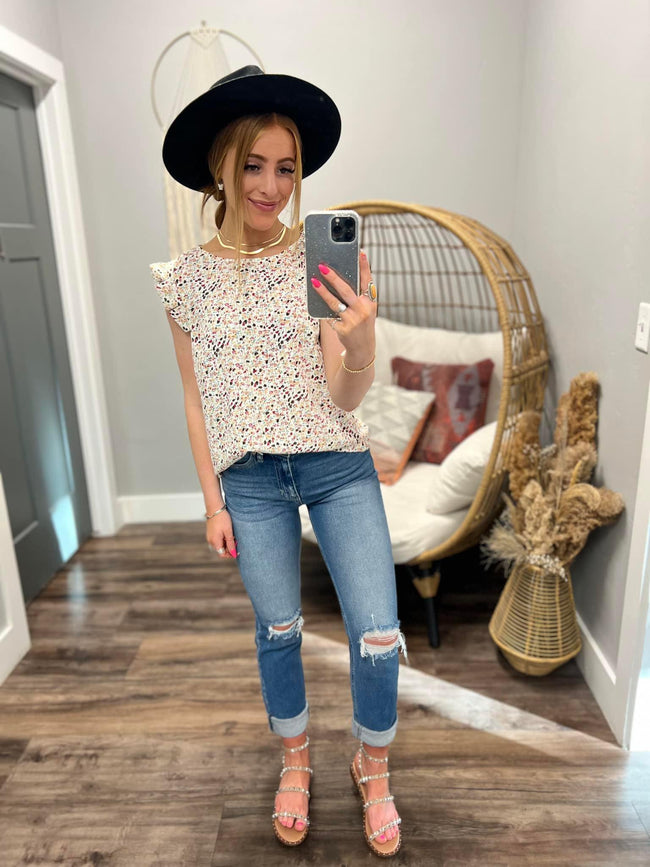 WHITE MULTI COLOR FLORAL RUFFLE BLOUSE