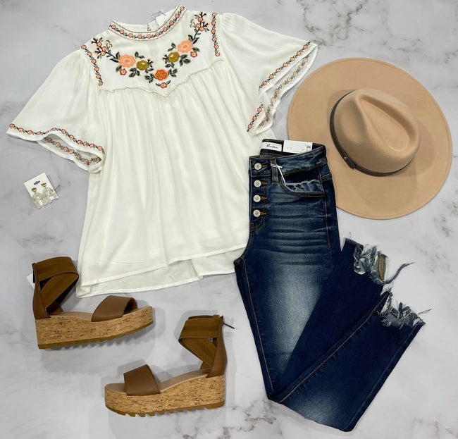 WHITE EMBROIDERED FLORAL MOCK NECK TOP