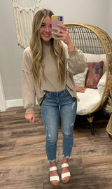 TAUPE AND IVORY STRIPED PUFF SLEEVE CREW