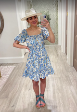 BLUE ABSTRACT SMOCKED DRESS