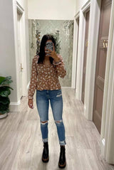MOCHA BUTTON PEPLUM BLOUSE