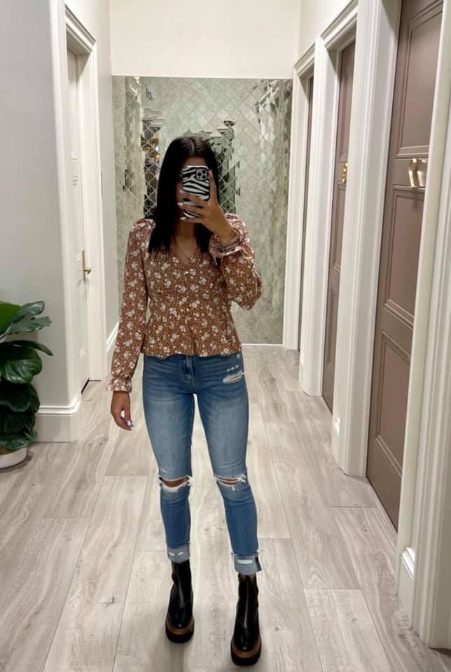 MOCHA BUTTON PEPLUM BLOUSE