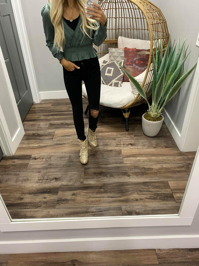 DARK SAGE SWISS DOT BLOUSE TOP