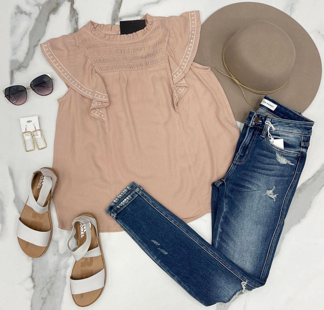 BLUSH STITCH SLEEVE SMOCKED FLUTTER SLEEVE BLOUSE