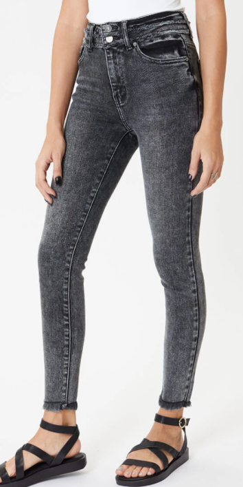 LUCY HIGH RISE DOUBLE BUTTON BLACK MINERAL WASH DENIM