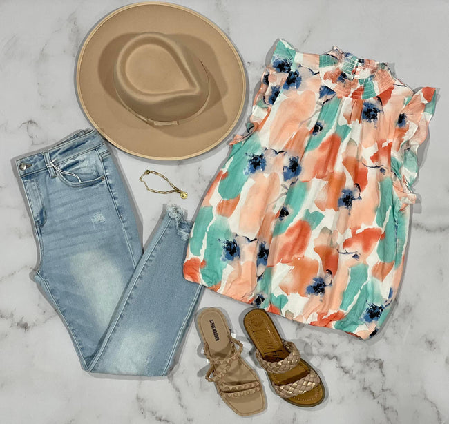 WATERCOLOR SMOCKED FLORAL BLOUSE