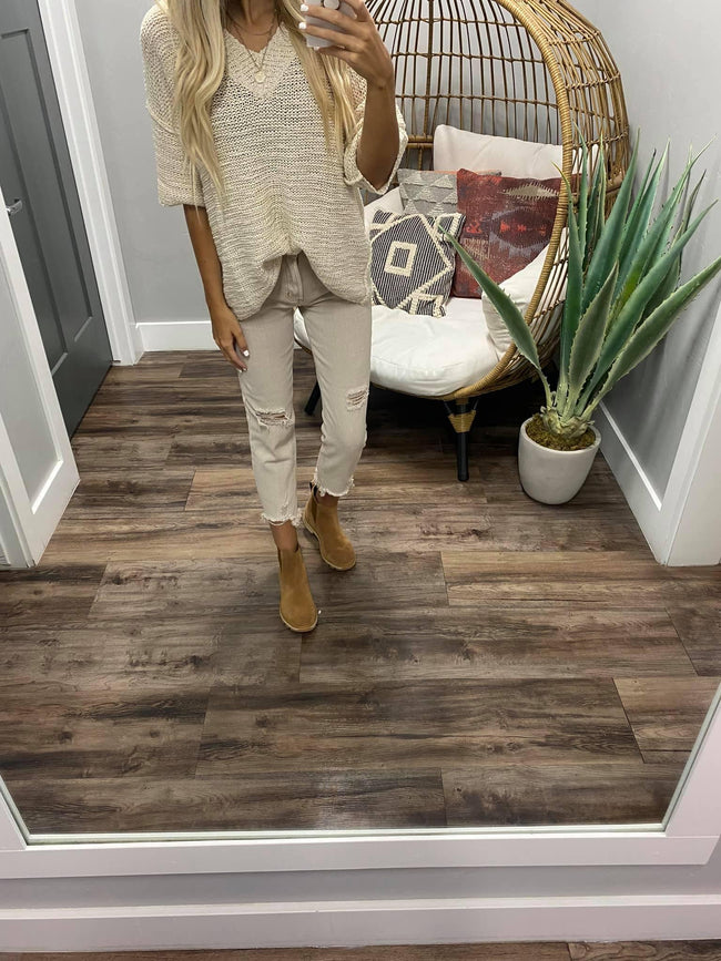 CREAM KNIT SHORT SLEEVE SWEATER TOP