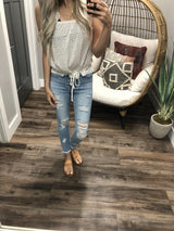 DOTTED WHITE RUFFLE STRAP TANK TOP