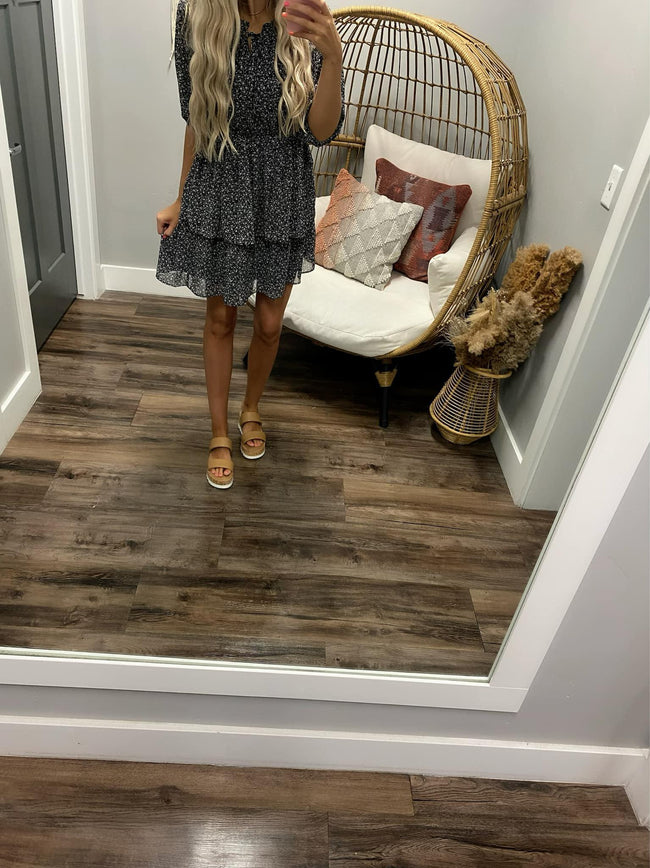 BLACK DITSY FLORAL TIERED DRESS