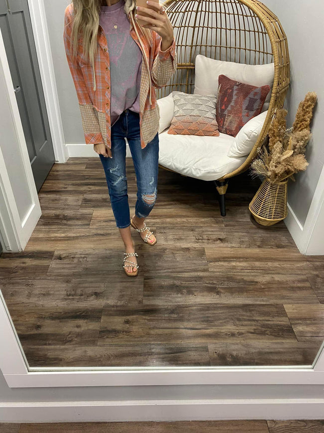 MIX PLAID HOODED JACKET TOP