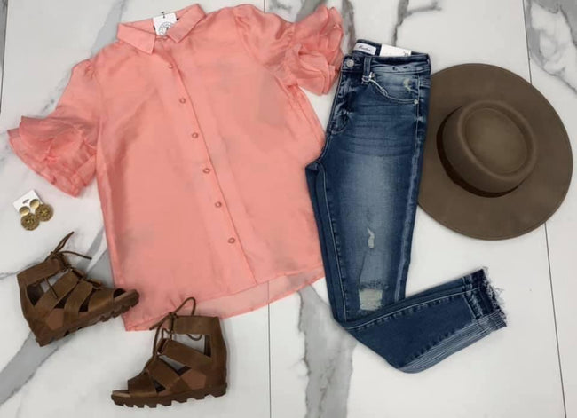 CORAL DOUBLE RUFFLE BUTTON DOWN BLOUSE