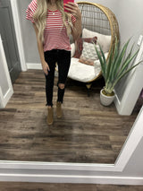 RED AND WHITE TRIPLE STRIPE RUFFLR BLOUSE