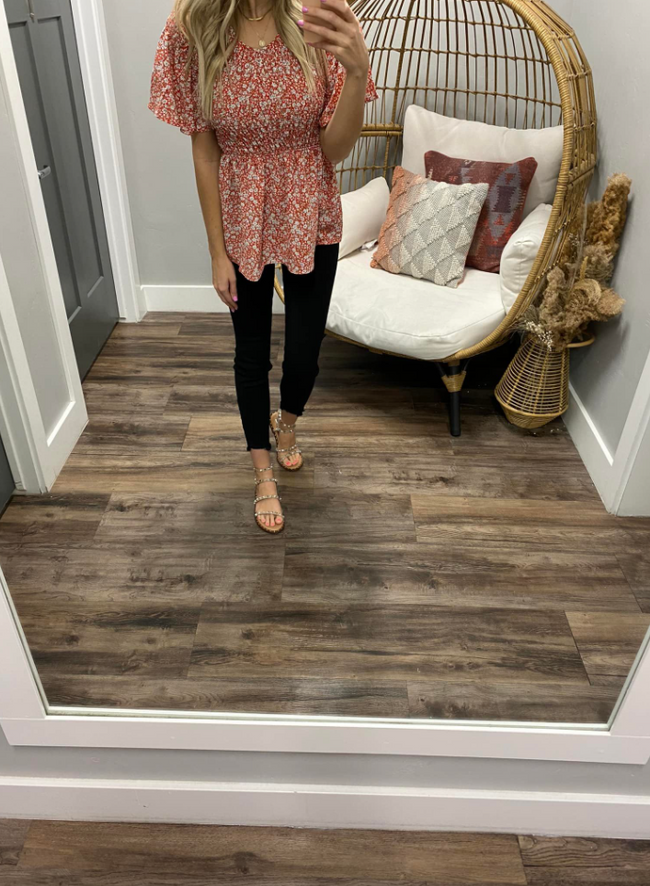 FIERY RED FLORAL SMOCKED PEPLUM TOP