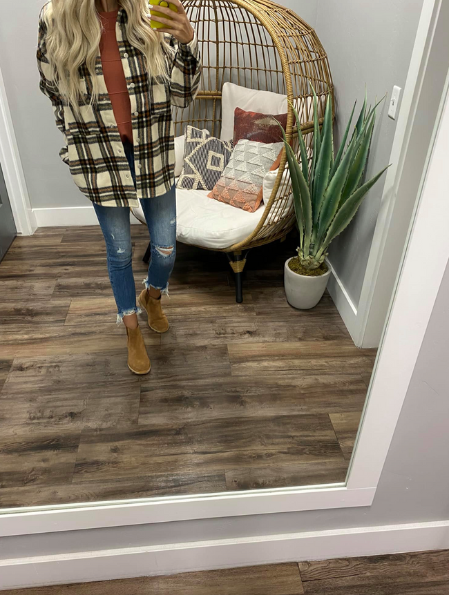 CREAM RUST AND OLIVE PLAID SHACKET