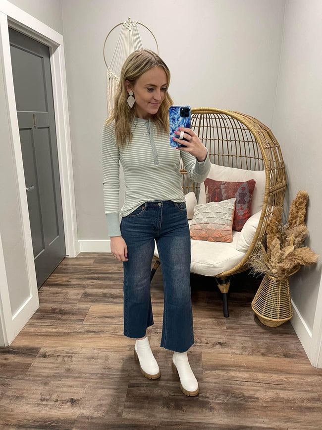 SAGE AND WHITE STRIPE HENLEY TOP