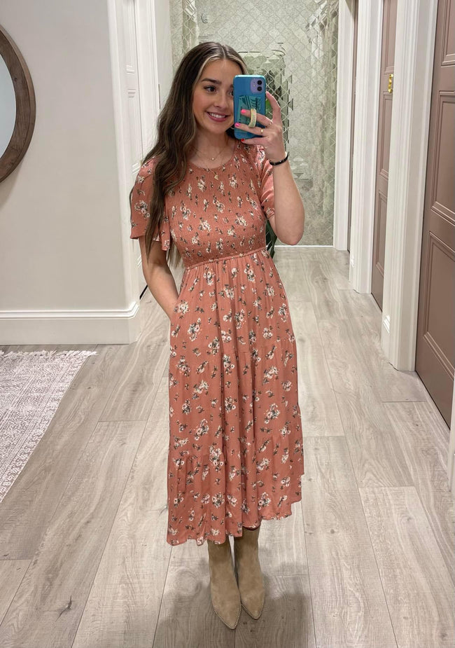 ROSE BUD SMOCKED FLUTTER SLEEVE DRESS