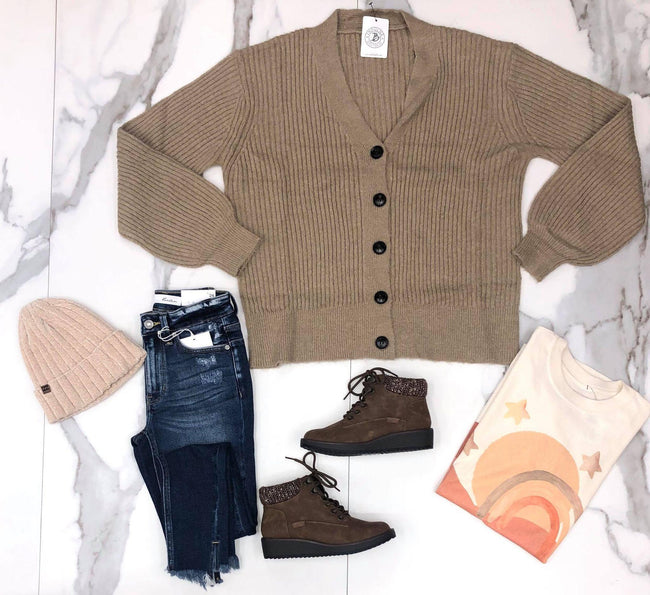 OATMEAL RIBBED BUTTON CARDIGAN