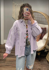 LAVENDER DISTRESSED BUTTON UP SHACKET
