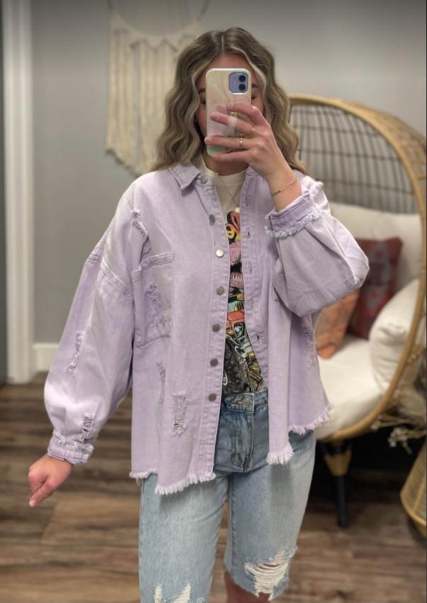 LAVENDER DISTRESSED BUTTON UP SHACKET