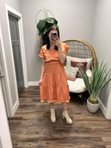 PRETTY IN PEACH RUFFLE SHIMMER DRESS