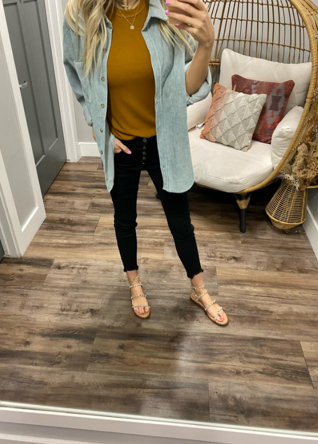 DUSTY BLUE CORDED BUTTON UP SHACKET