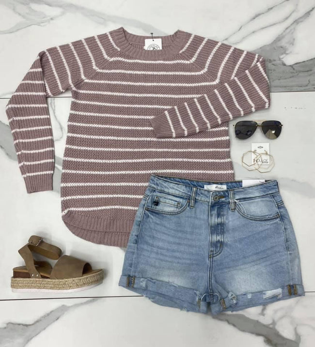 MAUVE ROSE STRIPE PULLOVER SWEATER