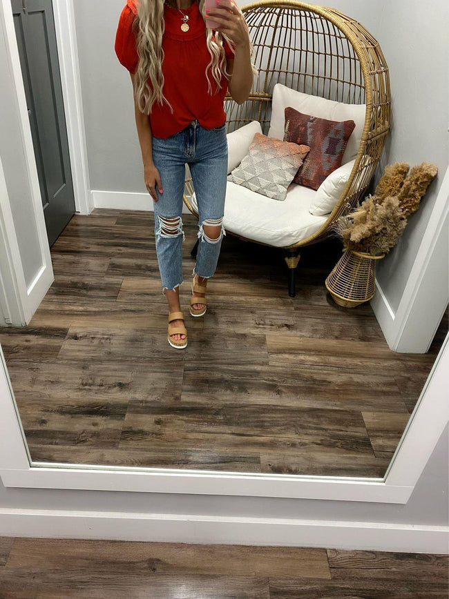 RED EMBROIDERED NECK DETAIL BLOUSE