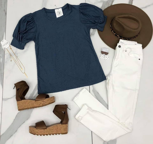 DUSTY BLUE SWISS DOT TOP
