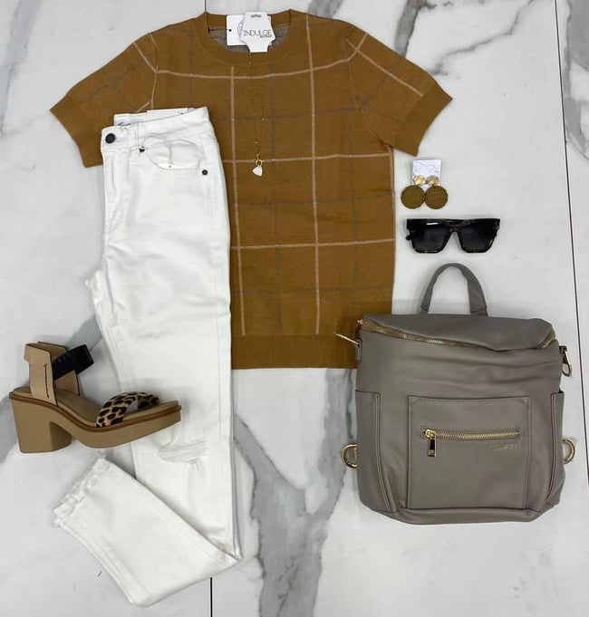 CAMEL GRID SWEATER TOP