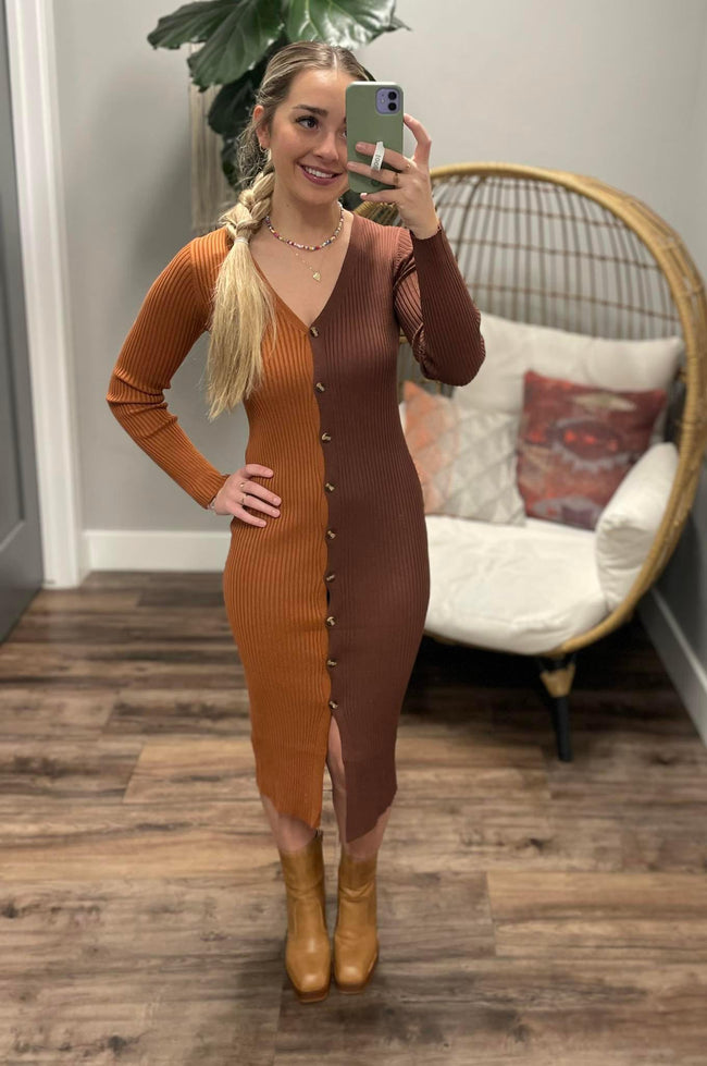 BRIELLE COPPER & COCOA COLORBLOCK BODYCON DRESS