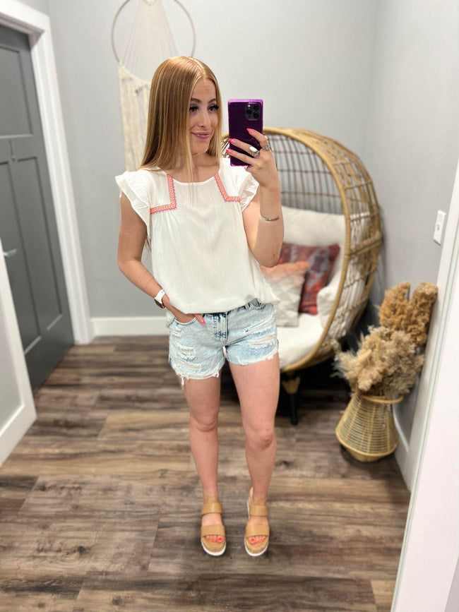 IVORY AND CORAL DETAIL STITCH BLOUSE