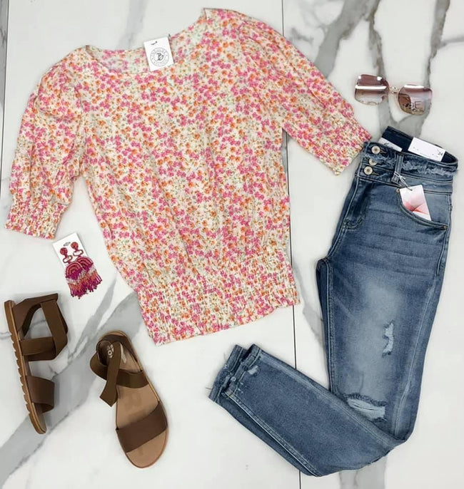 PINK FLORAL SMOCK BLOUSE