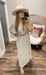 BLUE BOTANICAL FLUTTER SLEEVE DRESS