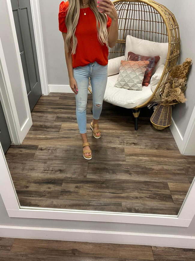 RED RUFFLE SLEEVE BLOUSE