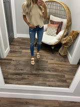 BEIGE SMOCKED SLEEVE BLOUSE
