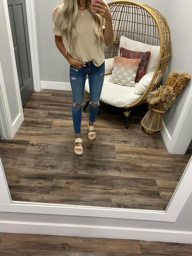 BEIGE SMOCKED SLEEVE BLOUSE