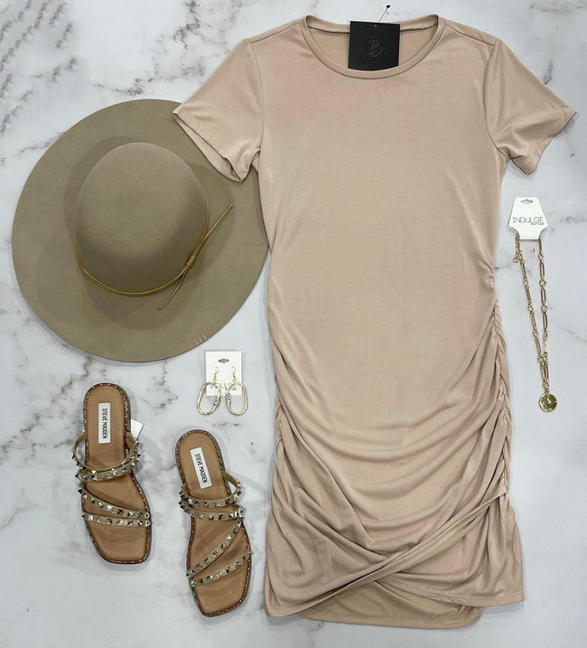 STONE SIDE RUCHED DRESS