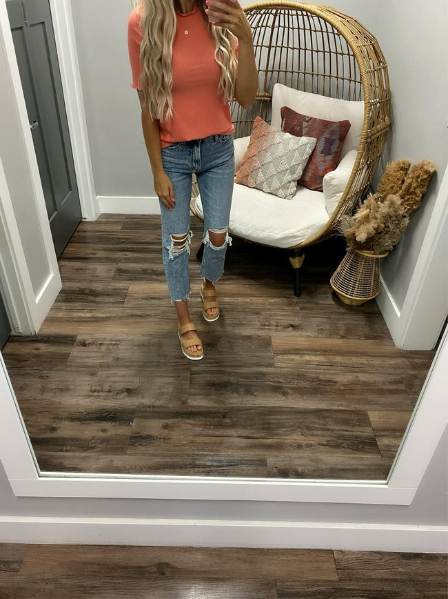 HOT CORAL LETTUCE RUFFLE TOP
