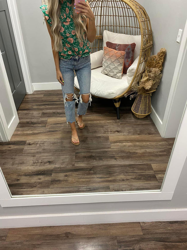 GREEN AND CORAL FLORAL SMOCKED BLOUSE