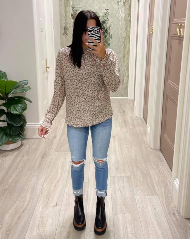 TAUPE SMOCKED FLORAL BLOUSE