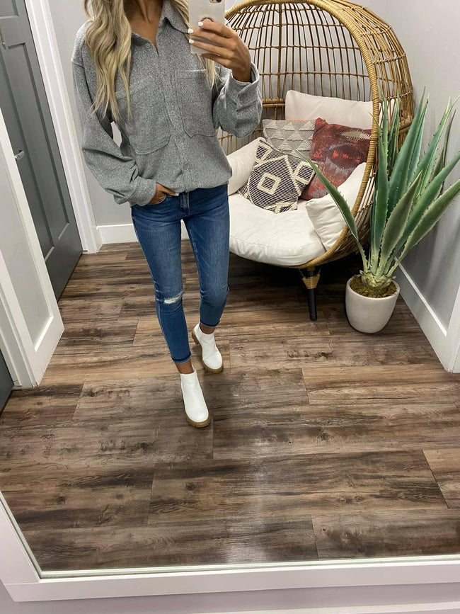GREY RIBBED BUTTON UP PERFECT JACKET