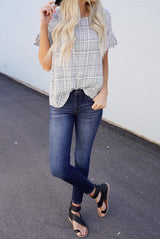 IVORY AND BLACK CHECKERED RUFFLE SLEEVE TOP